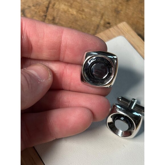 Silver & Black Round Cufflinks With Polished Finish & Swivel Backing - Picture 4 of 13